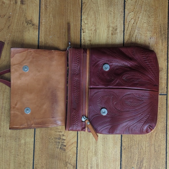 Leather Crossbody Patterned Bag, Tan & Maroon - Picture 3 of 11